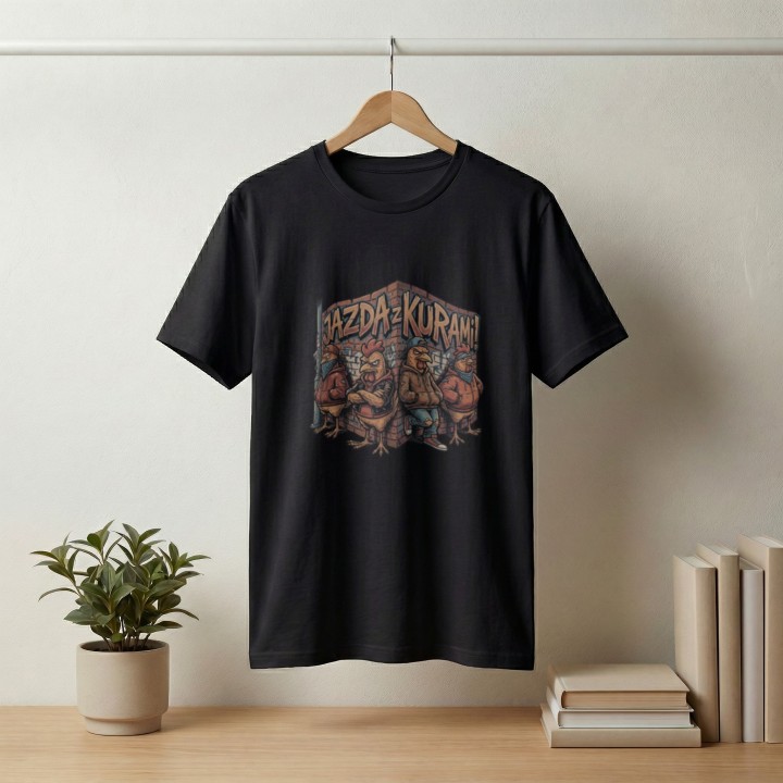 Koszulka z nadrukiem Jazda z kurami! – gang w streetwearze, memowa przeróbka okrzyku