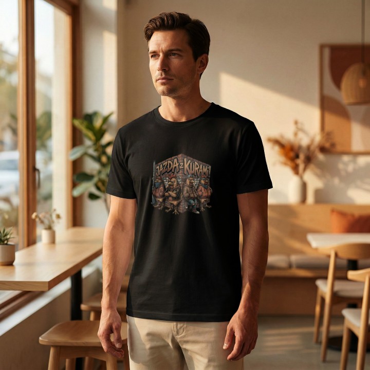 Koszulka z nadrukiem Jazda z kurami! – gang w streetwearze, memowa przeróbka okrzyku