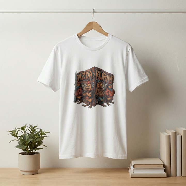 Koszulka z nadrukiem Jazda z kurami! – gang w streetwearze, memowa przeróbka okrzyku