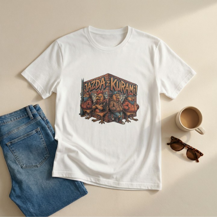Koszulka z nadrukiem Jazda z kurami! – gang w streetwearze, memowa przeróbka okrzyku