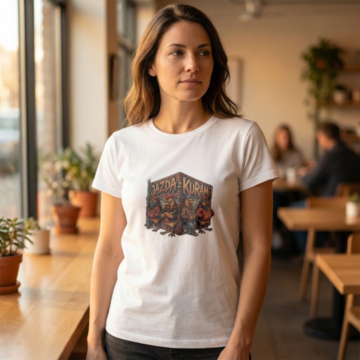 Koszulka z nadrukiem Jazda z kurami! – gang w streetwearze, memowa przeróbka okrzyku