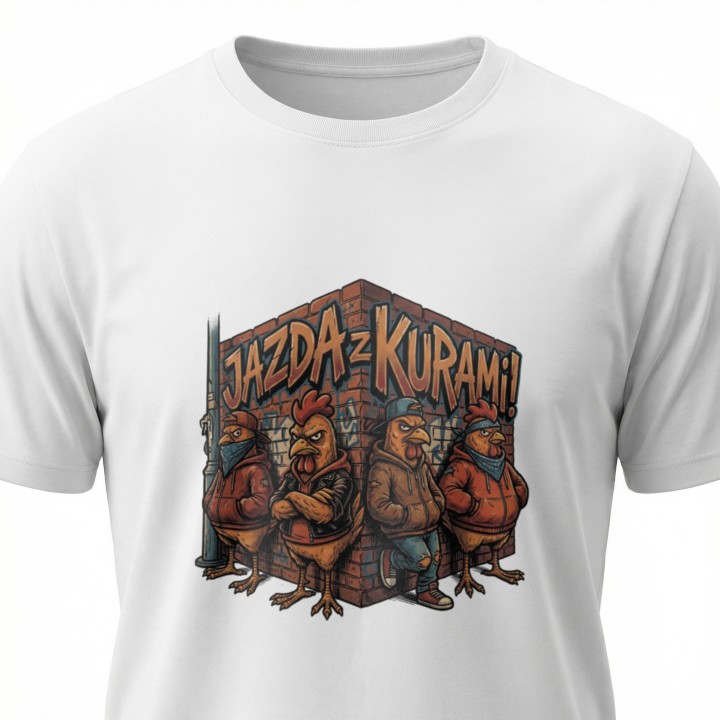 Koszulka z nadrukiem Jazda z kurami! – gang w streetwearze, memowa przeróbka okrzyku
