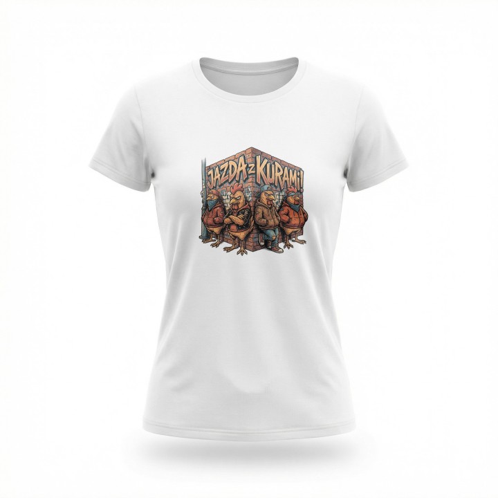 Koszulka z nadrukiem Jazda z kurami! – gang w streetwearze, memowa przeróbka okrzyku