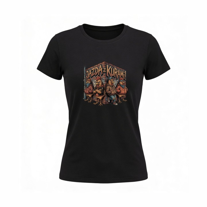 Koszulka z nadrukiem Jazda z kurami! – gang w streetwearze, memowa przeróbka okrzyku