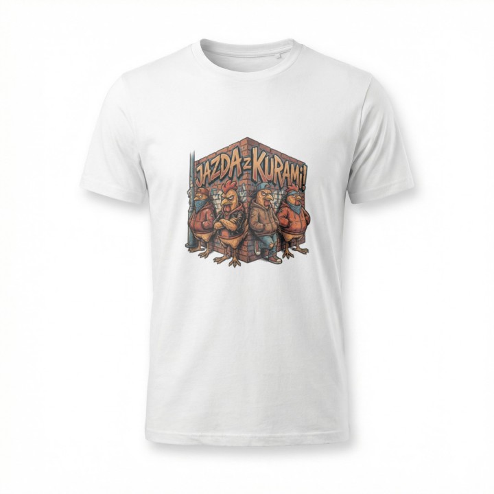 Koszulka z nadrukiem Jazda z kurami! – gang w streetwearze, memowa przeróbka okrzyku