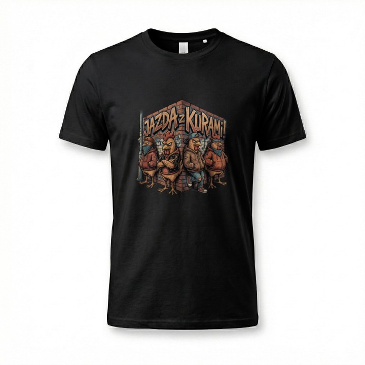 Koszulka z nadrukiem Jazda z kurami! – gang w streetwearze, memowa przeróbka okrzyku