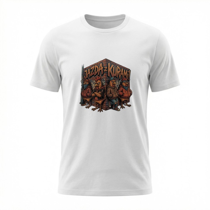 Koszulka z nadrukiem Jazda z kurami! – gang w streetwearze, memowa przeróbka okrzyku