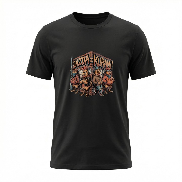 Koszulka z nadrukiem Jazda z kurami! – gang w streetwearze, memowa przeróbka okrzyku