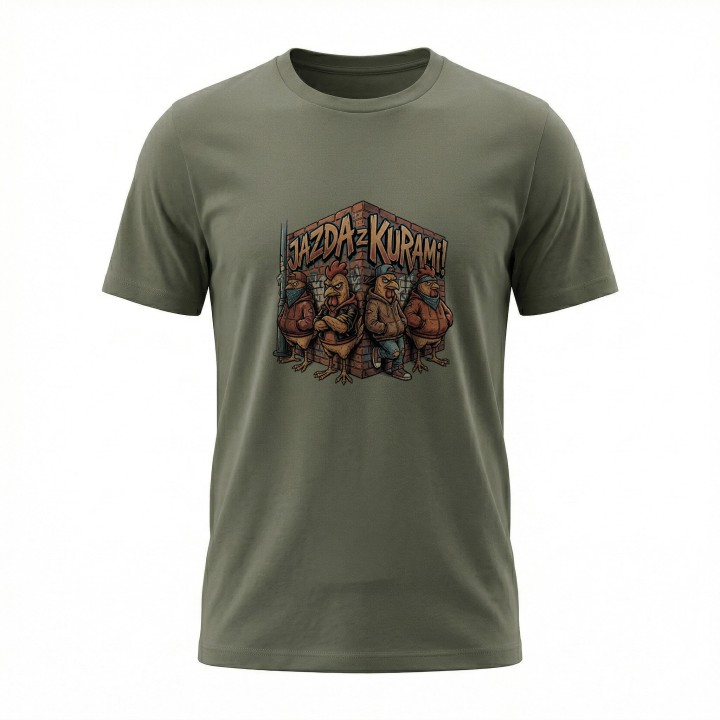 Koszulka z nadrukiem Jazda z kurami! – gang w streetwearze, memowa przeróbka okrzyku