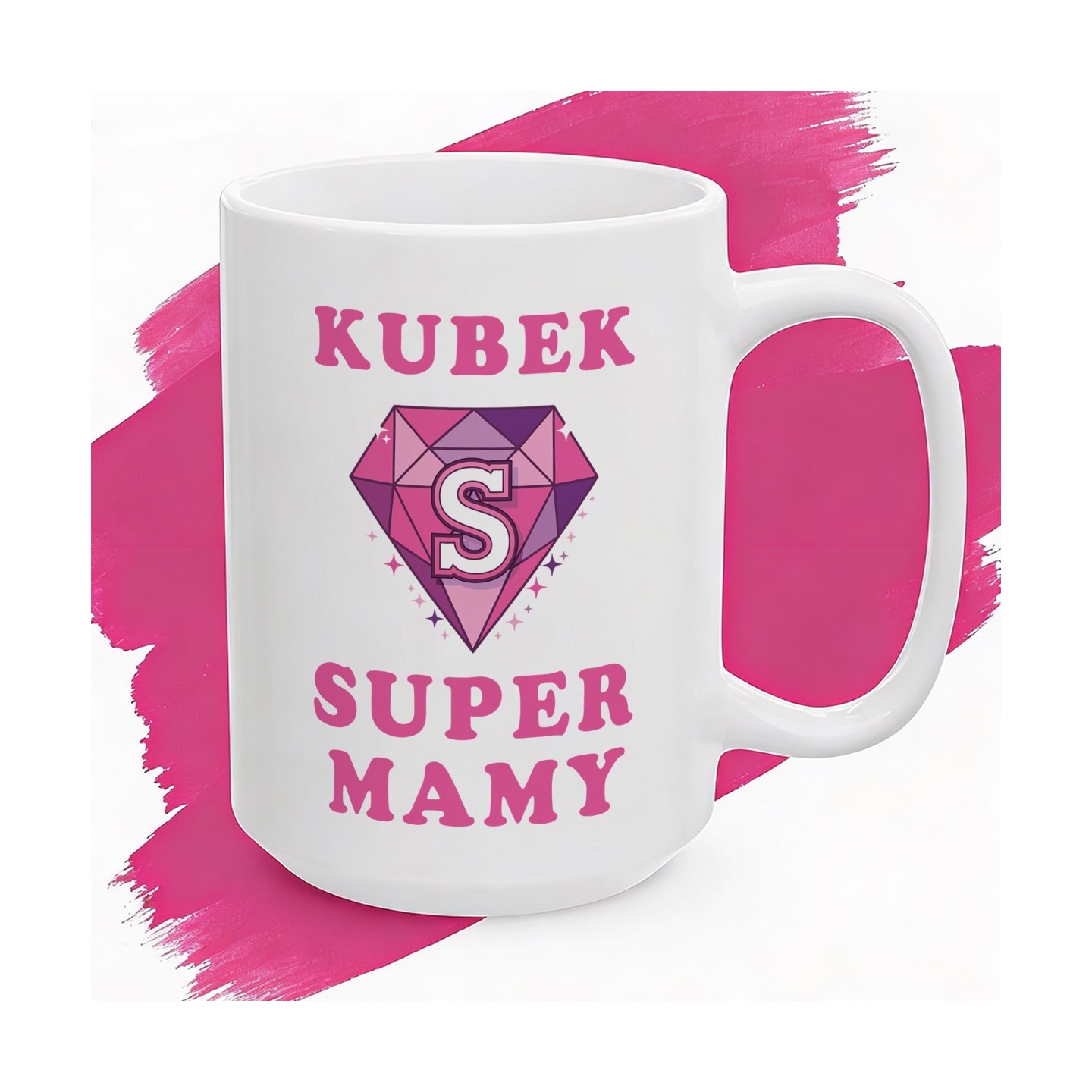 Kubek z nadrukiem „Kubek Super Mamy" – różowy diament, superbohaterka w domu