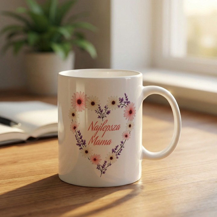 Kubek dla mamy Najlepsza Mama kwiatowe serce | Prezent z nadrukiem