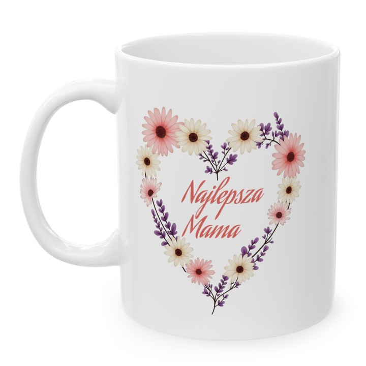 Kubek dla mamy Najlepsza Mama kwiatowe serce | Prezent z nadrukiem