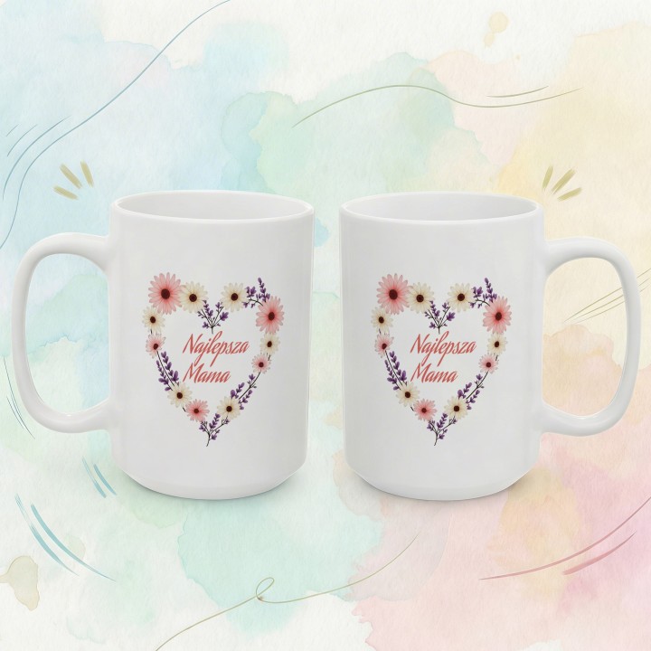 Kubek dla mamy Najlepsza Mama kwiatowe serce | Prezent z nadrukiem