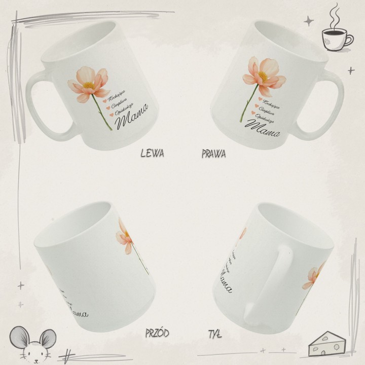 Kubek dla mamy z kwiatem – „Kochająca, Cierpliwa, Opiekuńcza Mama”