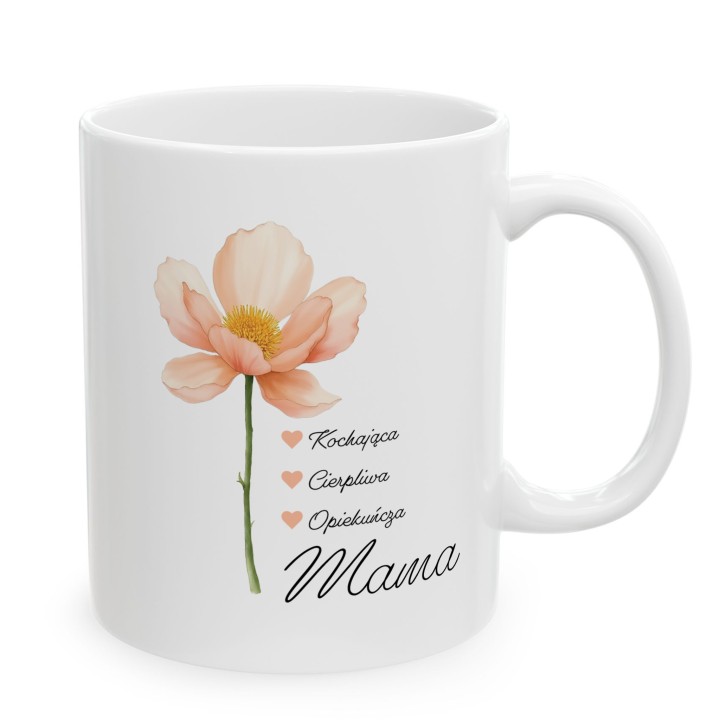Kubek dla mamy z kwiatem – „Kochająca, Cierpliwa, Opiekuńcza Mama”