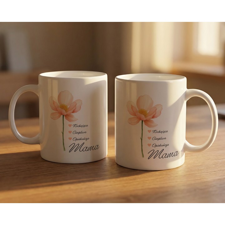 Kubek dla mamy z kwiatem – „Kochająca, Cierpliwa, Opiekuńcza Mama”