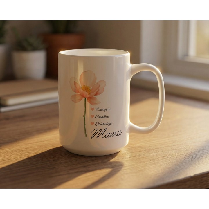 Kubek dla mamy z kwiatem – „Kochająca, Cierpliwa, Opiekuńcza Mama”