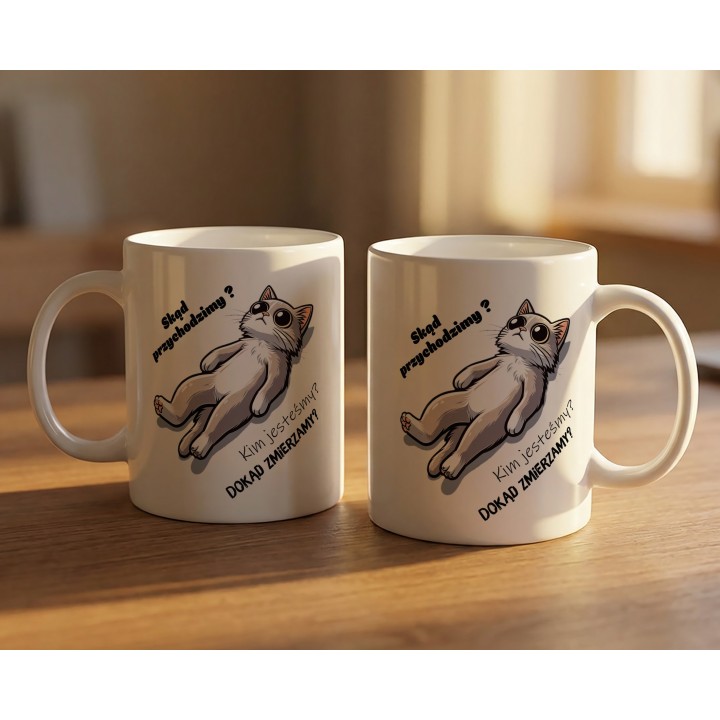 Kubek z kotem i egzystencjalnym tekstem – idealny prezent dla miłośników kotów