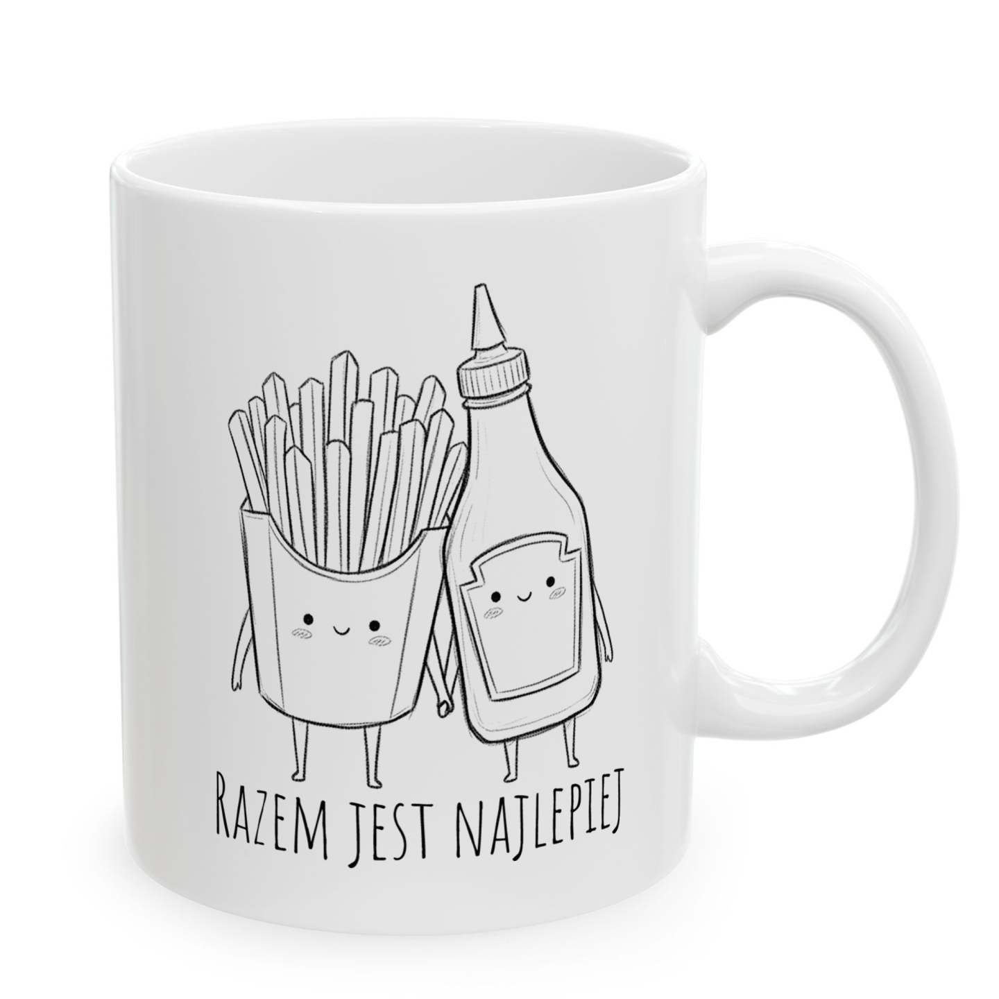 Kubek z napisem „RAZEM JEST NAJLEPIEJ” – urocze frytki i ketchup