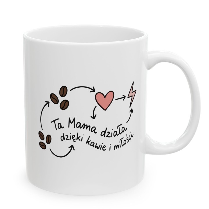 Kubek Ta Mama działa dzięki kawie i miłości – prezent dla Mamy