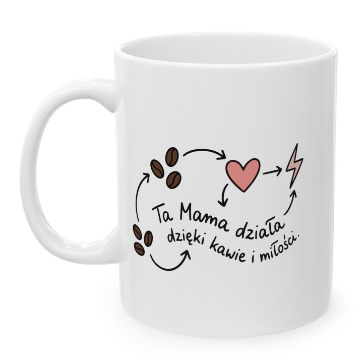 Kubek Ta Mama działa dzięki kawie i miłości – prezent dla Mamy