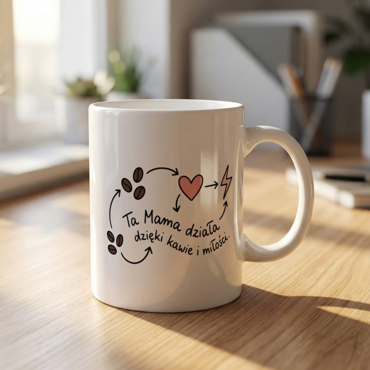 Kubek Ta Mama działa dzięki kawie i miłości – prezent dla Mamy