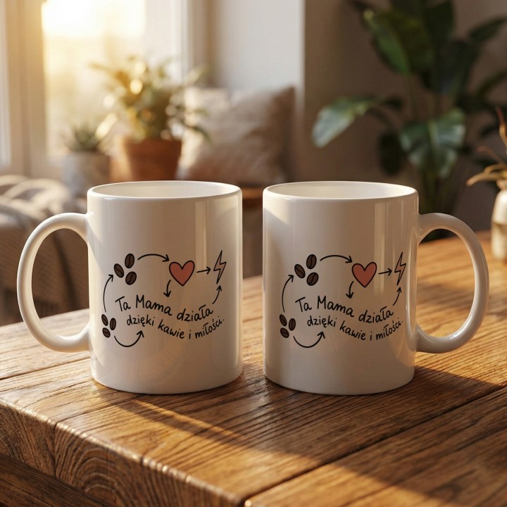 Kubek Ta Mama działa dzięki kawie i miłości – prezent dla Mamy