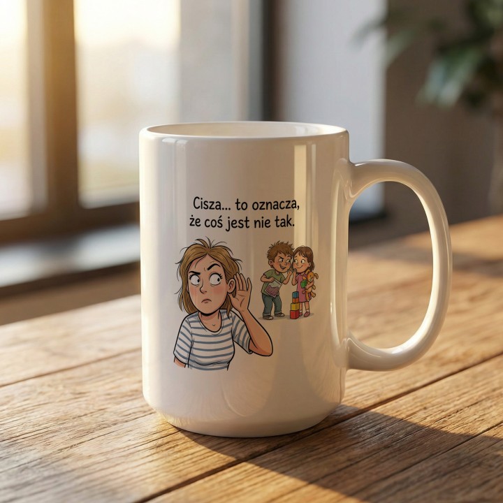 Kubek dla mamy Cisza to oznacza że coś jest nie tak – śmieszny prezent