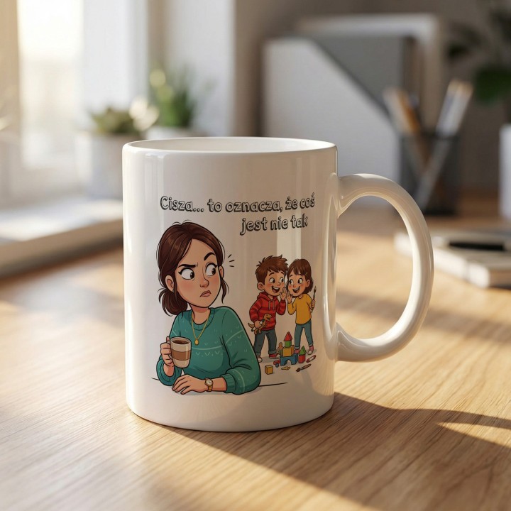 Kubek dla mamy Cisza to oznacza że coś jest nie tak – śmieszny prezent dla rodziców