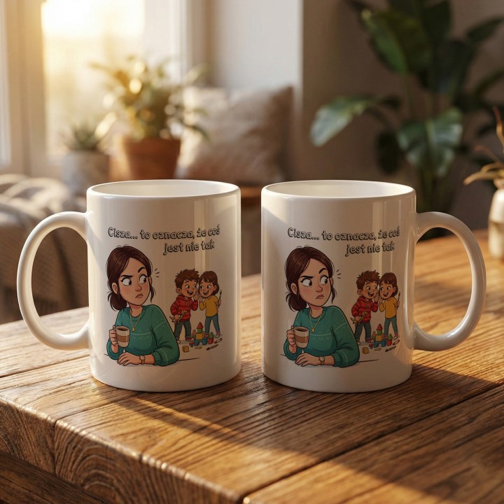 Kubek dla mamy Cisza to oznacza że coś jest nie tak – śmieszny prezent dla rodziców