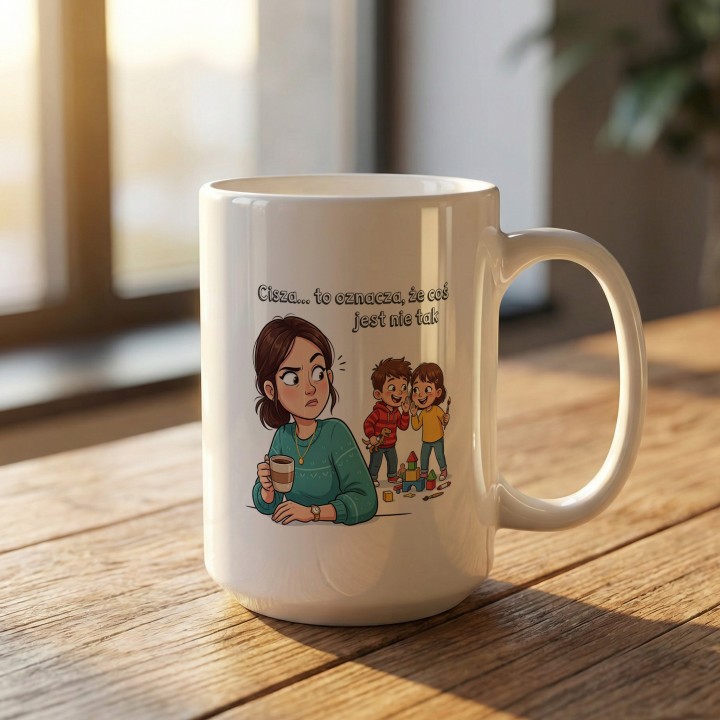 Kubek dla mamy Cisza to oznacza że coś jest nie tak – śmieszny prezent dla rodziców