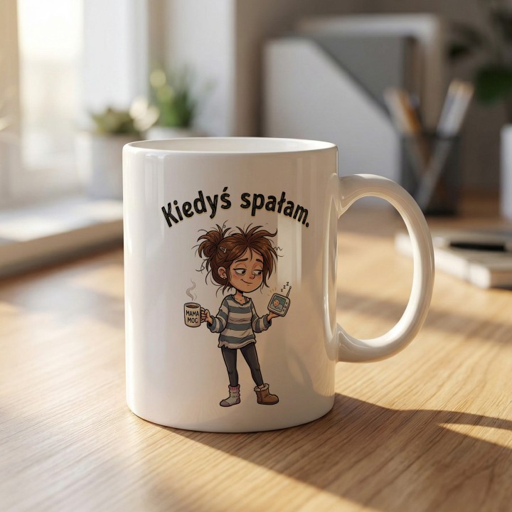 Kubek Kiedyś spałam – śmieszny prezent dla zmęczonej mamy
