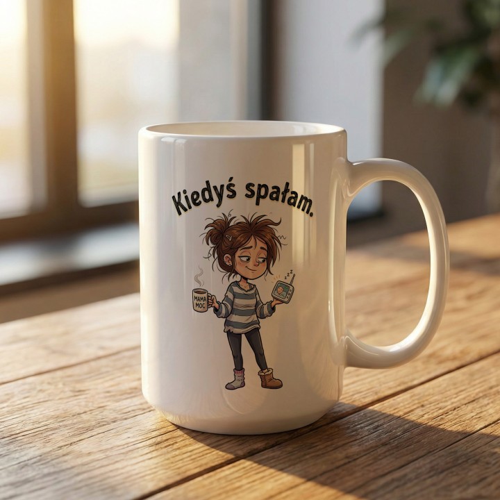 Kubek Kiedyś spałam – śmieszny prezent dla zmęczonej mamy