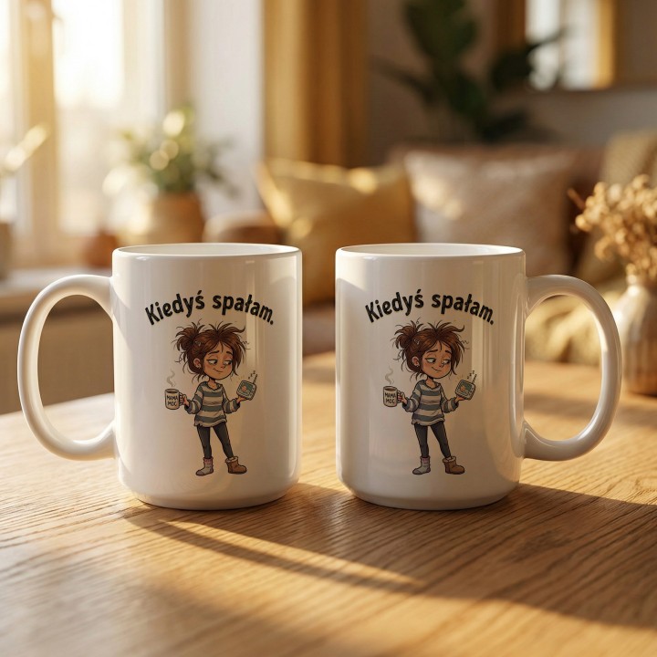 Kubek Kiedyś spałam – śmieszny prezent dla zmęczonej mamy