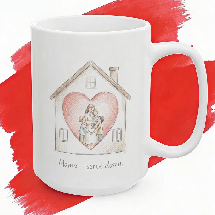 Kubek dla mamy Mama serce domu – prezent z subtelną ilustracją