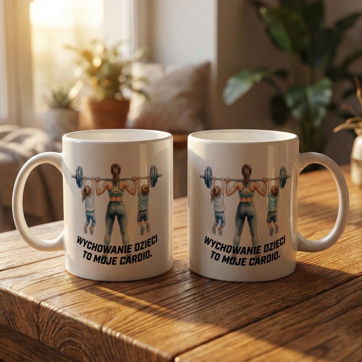 Kubek dla mamy Wychowanie dzieci to moje cardio – prezent dla fit mamy