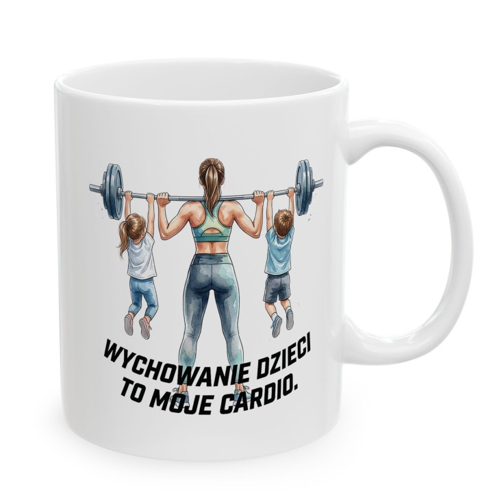 Kubek dla mamy Wychowanie dzieci to moje cardio – prezent dla fit mamy