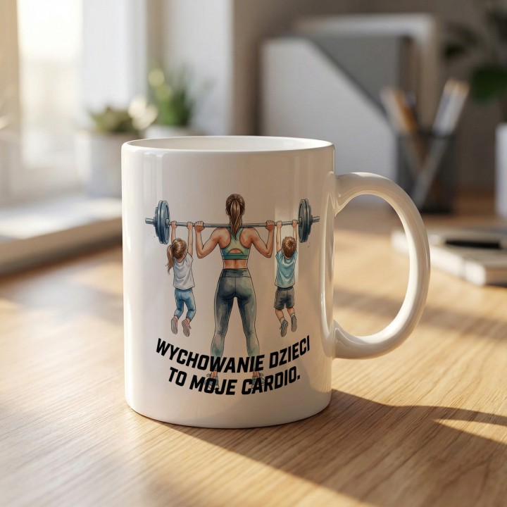 Kubek dla mamy Wychowanie dzieci to moje cardio – prezent dla fit mamy