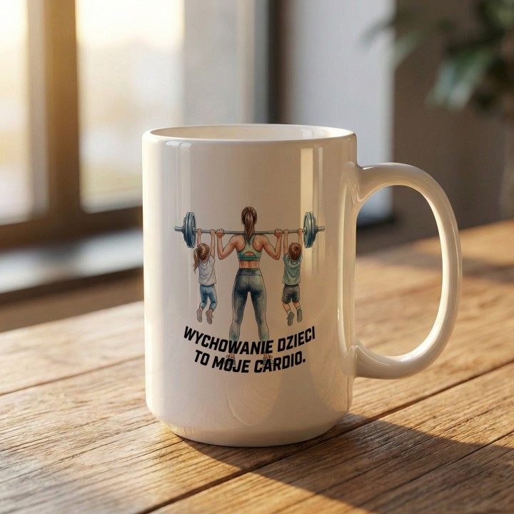 Kubek dla mamy Wychowanie dzieci to moje cardio – prezent dla fit mamy