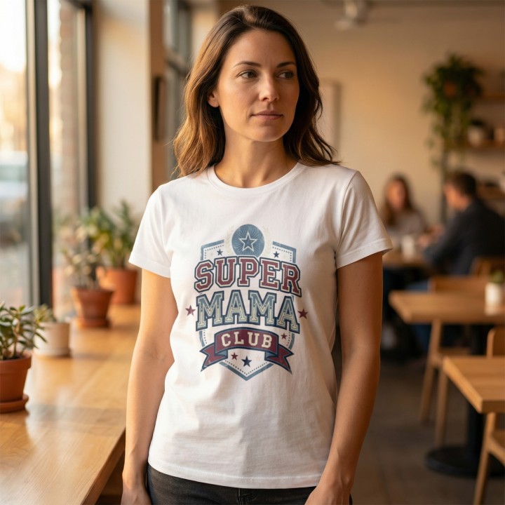Koszulka dla mamy Super Mama Club – prezent vintage styl varsity