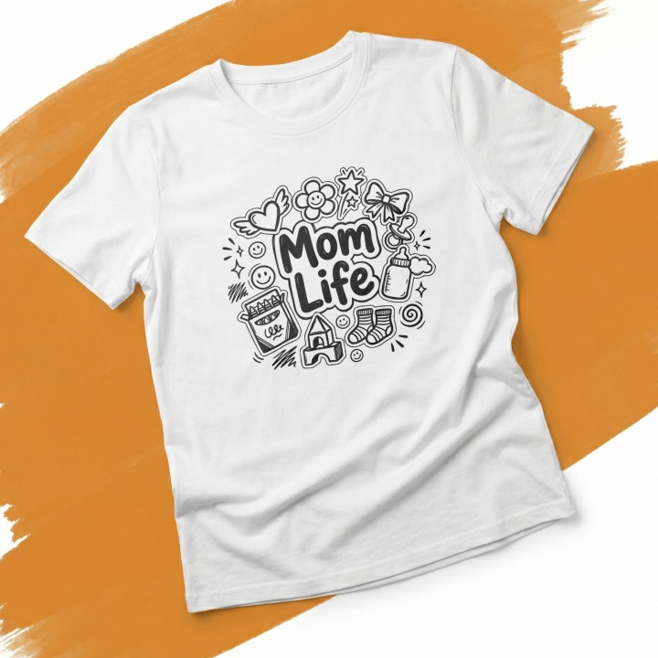 Koszulka Mom Life z rysunkami doodle – prezent dla kreatywnej mamy