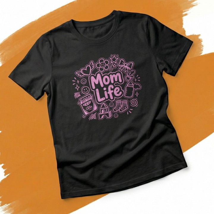 Koszulka Mom Life z rysunkami doodle – prezent dla kreatywnej mamy