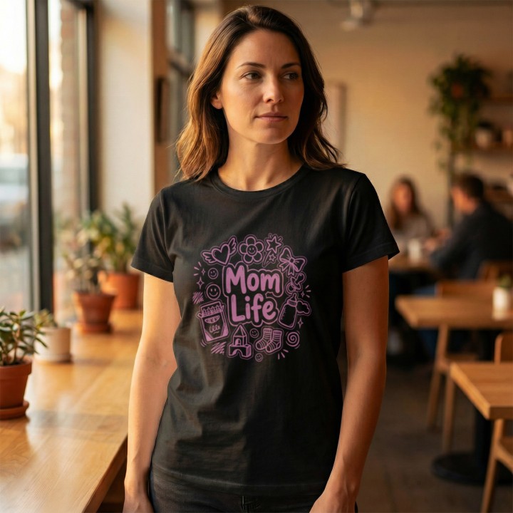 Koszulka Mom Life z rysunkami doodle – prezent dla kreatywnej mamy