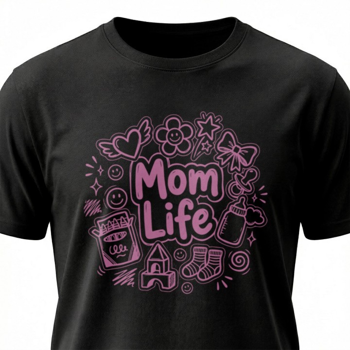 Koszulka Mom Life z rysunkami doodle – prezent dla kreatywnej mamy