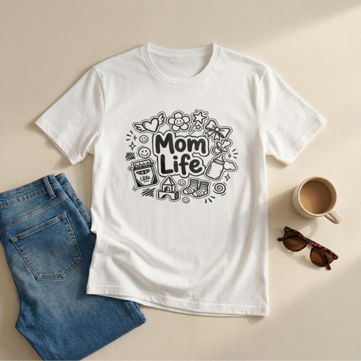 Koszulka Mom Life z rysunkami doodle – prezent dla kreatywnej mamy