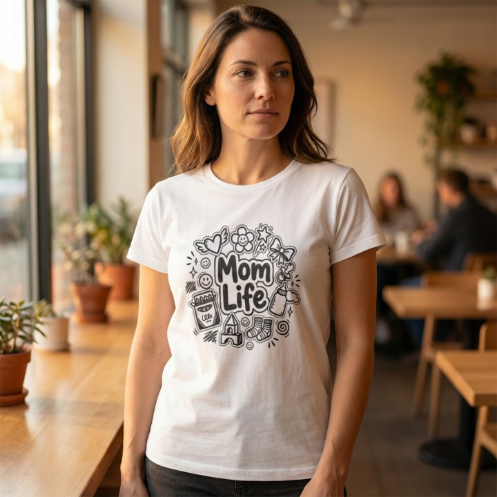 Koszulka Mom Life z rysunkami doodle – prezent dla kreatywnej mamy