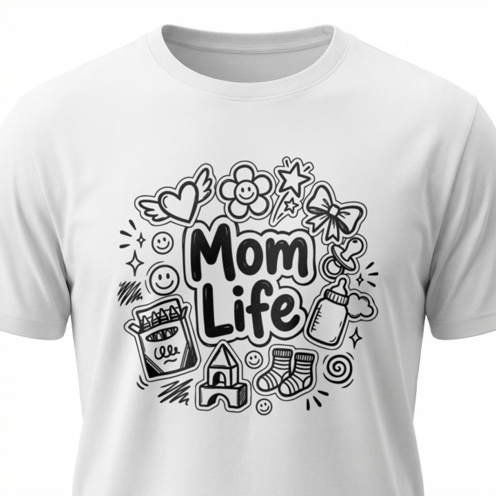 Koszulka Mom Life z rysunkami doodle – prezent dla kreatywnej mamy