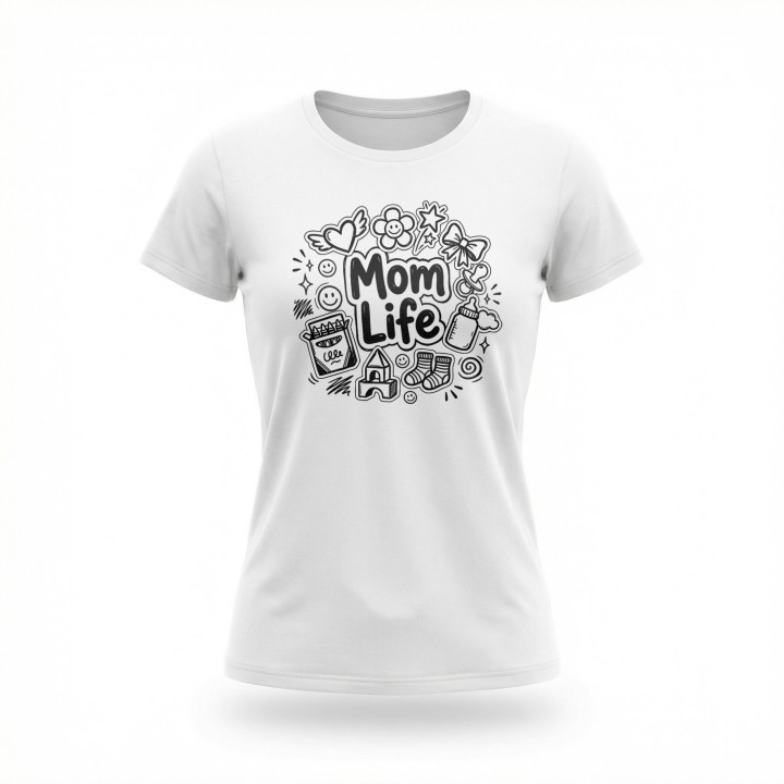Koszulka Mom Life z rysunkami doodle – prezent dla kreatywnej mamy