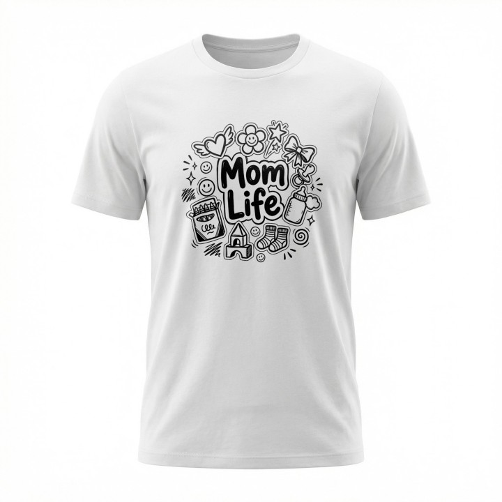 Koszulka Mom Life z rysunkami doodle – prezent dla kreatywnej mamy