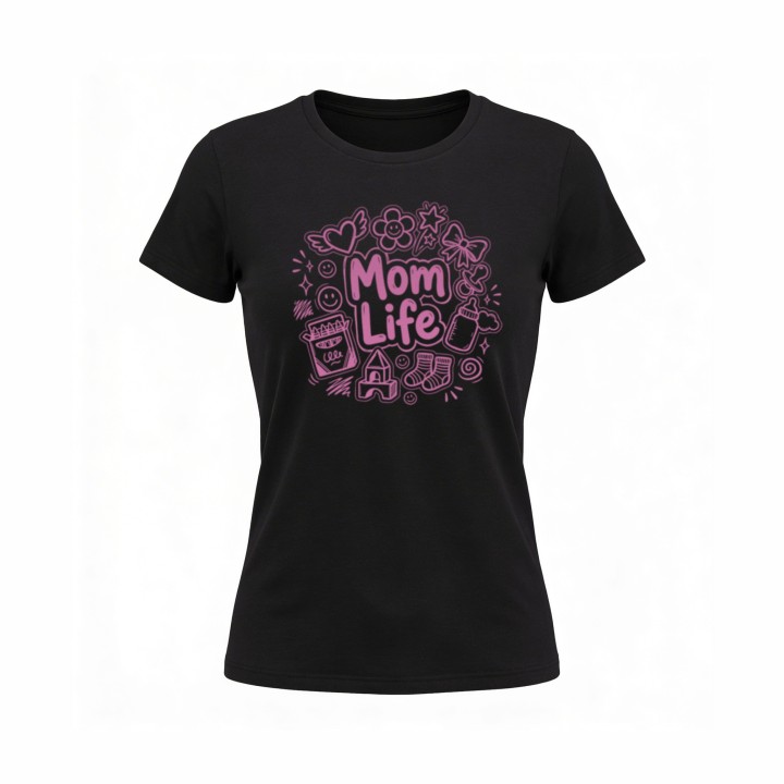 Koszulka Mom Life z rysunkami doodle – prezent dla kreatywnej mamy